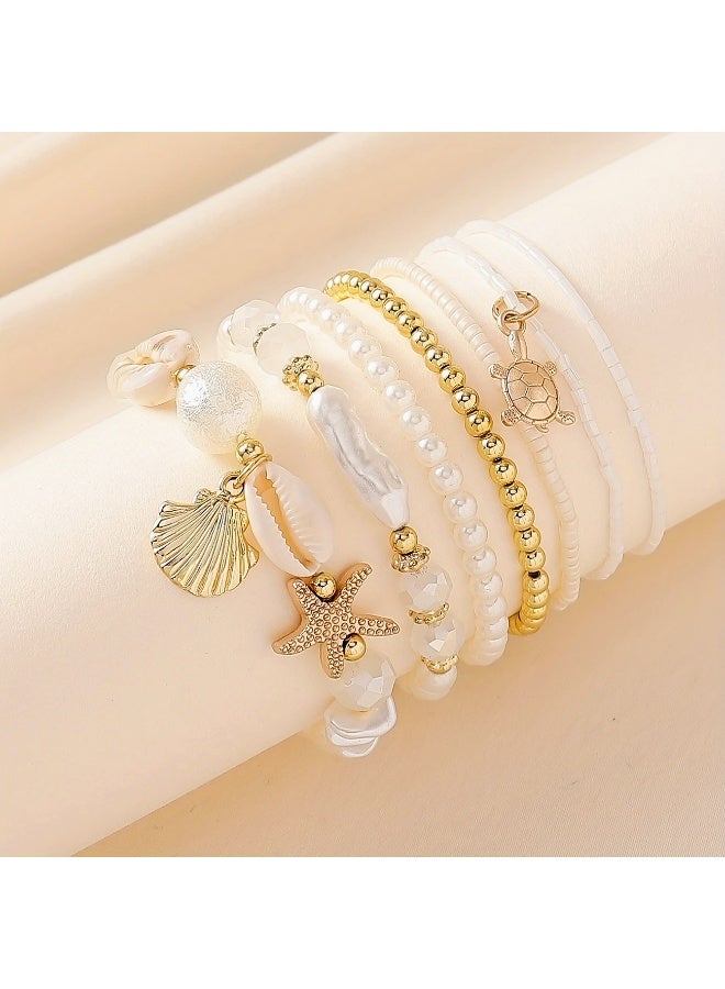 JUMEI 7 Pcs Bohemian Beaded Bracelet Set for Women, Shell & Starfish Beach Bracelets, Stackable Gold Pearl Bracelets, Summer Festival Daily Wear - Image 1
